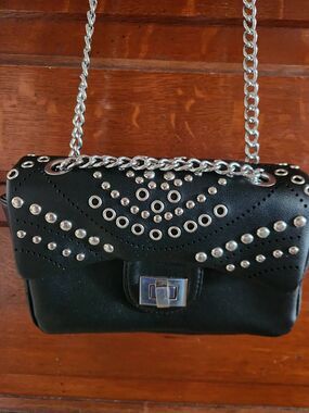 Marina Galanti black faux-leather or leather studded shoulder bag with a silver